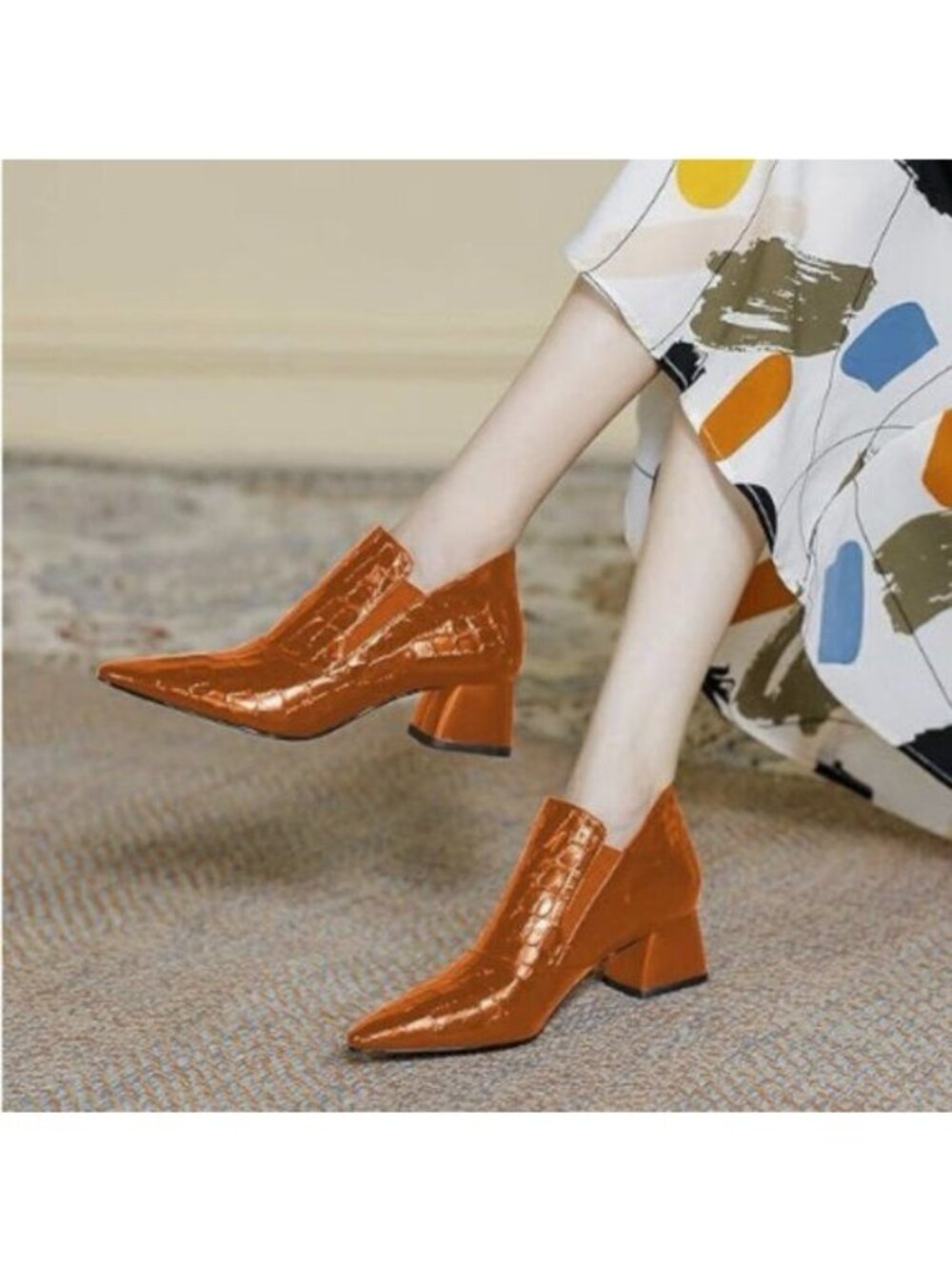 YDN Women Sexy Pointed Toe Ankle Boots Chunky Low Heel Booties Orange Shoe Party
